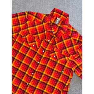 Stio Mens M Short Sleeve Pearl Snap Western Plaid Shirt Red Orange Yellow